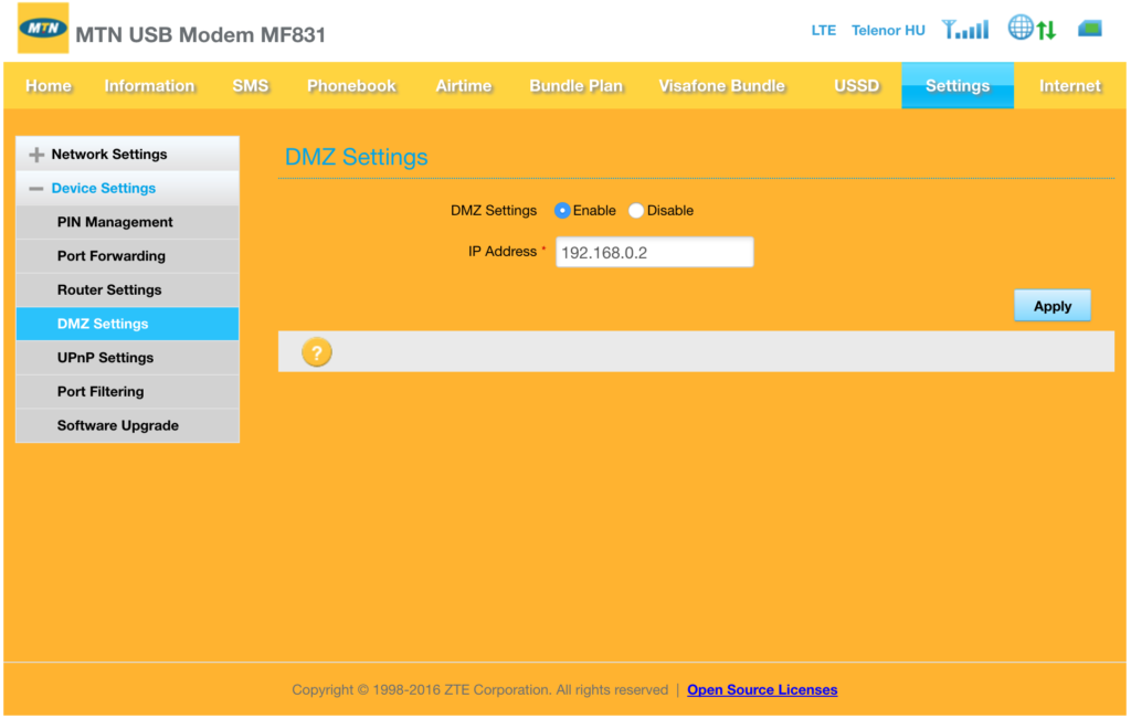 ZTE/MTN MF831 Unhide Port Forward and DMZ settings oandras.hu
